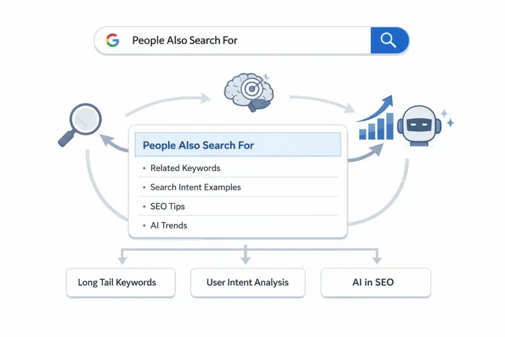 People Also Search For (PASF) feature in Google showing related search queries and user intent refinement for SEO