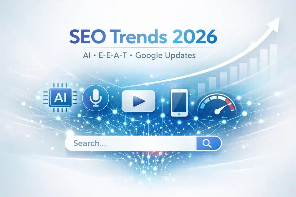 SEO trends 2026 highlighting AI-driven search, E-E-A-T, and Google ranking updates