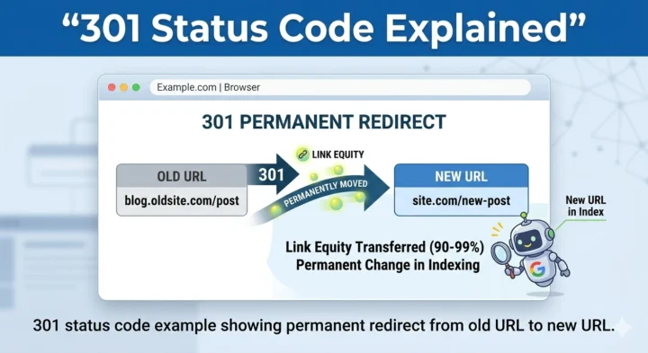 301 status code example showing permanent redirect from old URL to new URL