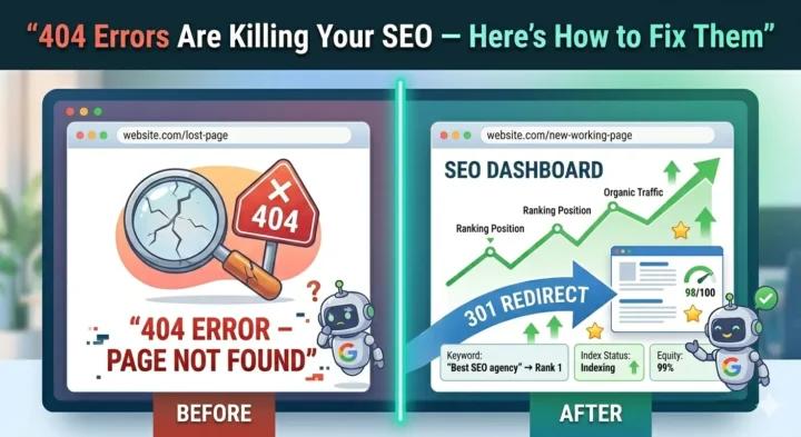 Illustration showing 404 error page and SEO ranking improvement after fixing broken links