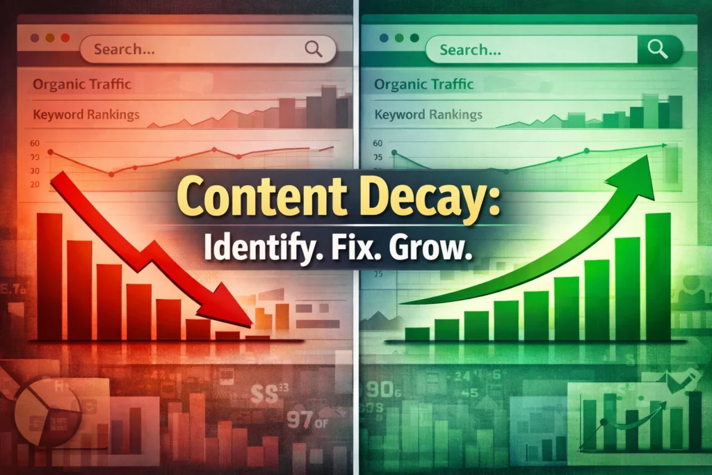Content decay in SEO showing declining organic traffic graph and ranking recovery strategy