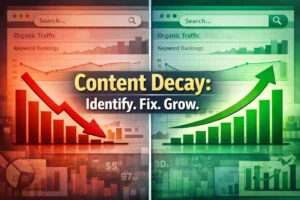 Content decay in SEO showing declining organic traffic graph and ranking recovery strategy