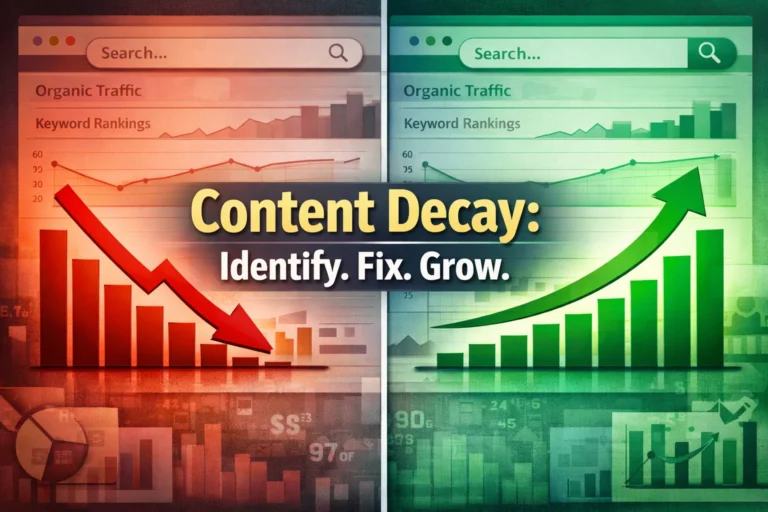 Content decay in SEO showing declining organic traffic graph and ranking recovery strategy