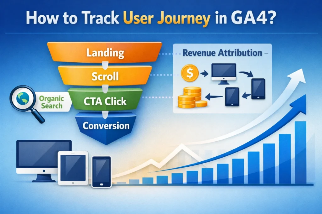 GA4 user journey funnel showing organic traffic conversion tracking and SEO revenue attribution