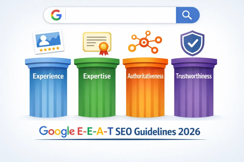 Google E-E-A-T framework showing Experience, Expertise, Authoritativeness and Trustworthiness pillars for SEO in 2026