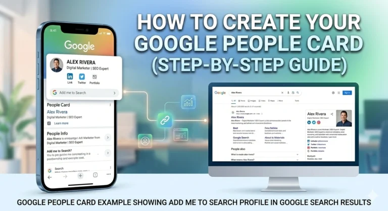 Google People Card example showing Add Me to Search profile in Google search results