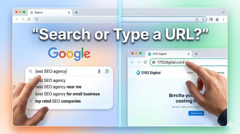 Search Google vs type a URL comparison showing browser search bar and direct website navigation example