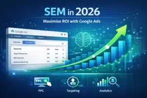 Search Engine Marketing SEM strategy dashboard with Google Ads analytics and ROI growth chart