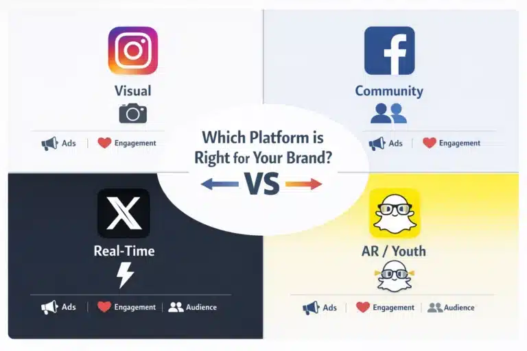 Instagram vs Facebook vs X Twitter vs Snapchat marketing comparison infographic