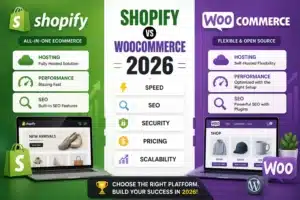 Shopify vs WooCommerce 2026 comparison showing features SEO performance and pricing