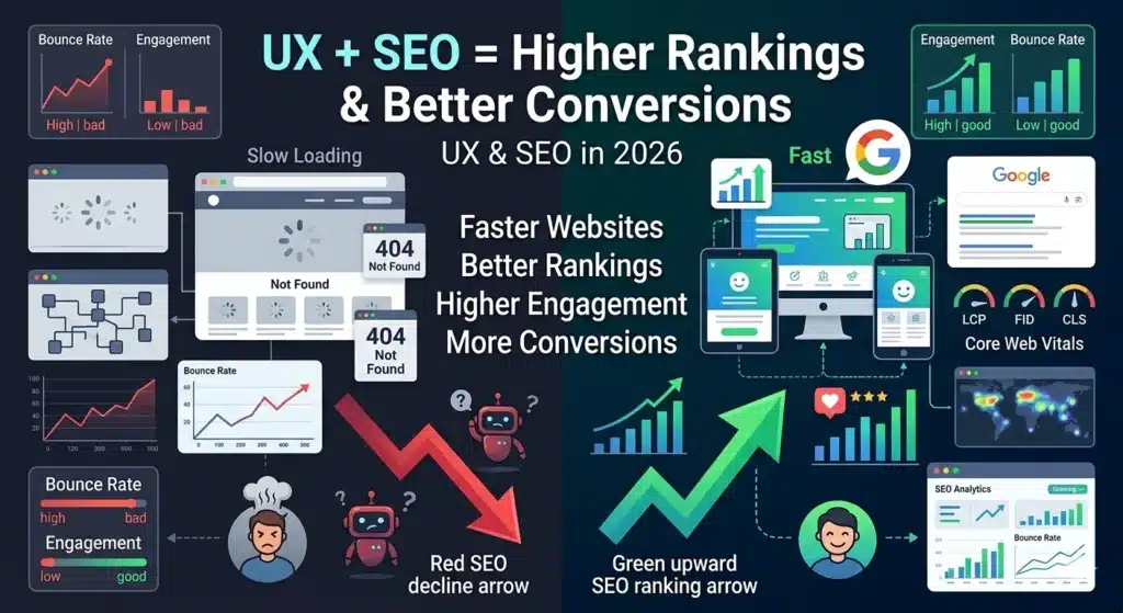 Illustration showing how user experience impacts SEO rankings, website engagement, Core Web Vitals, and conversions in 2026.