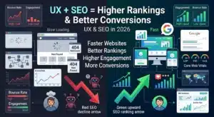 Illustration showing how user experience impacts SEO rankings, website engagement, Core Web Vitals, and conversions in 2026.