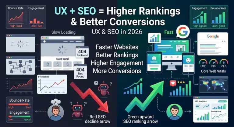 Illustration showing how user experience impacts SEO rankings, website engagement, Core Web Vitals, and conversions in 2026.