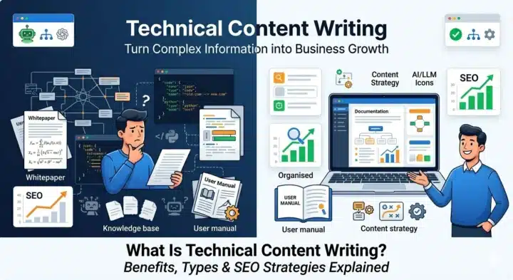 Technical content writing illustration showing simplified business documentation, SEO growth, and content strategy concepts